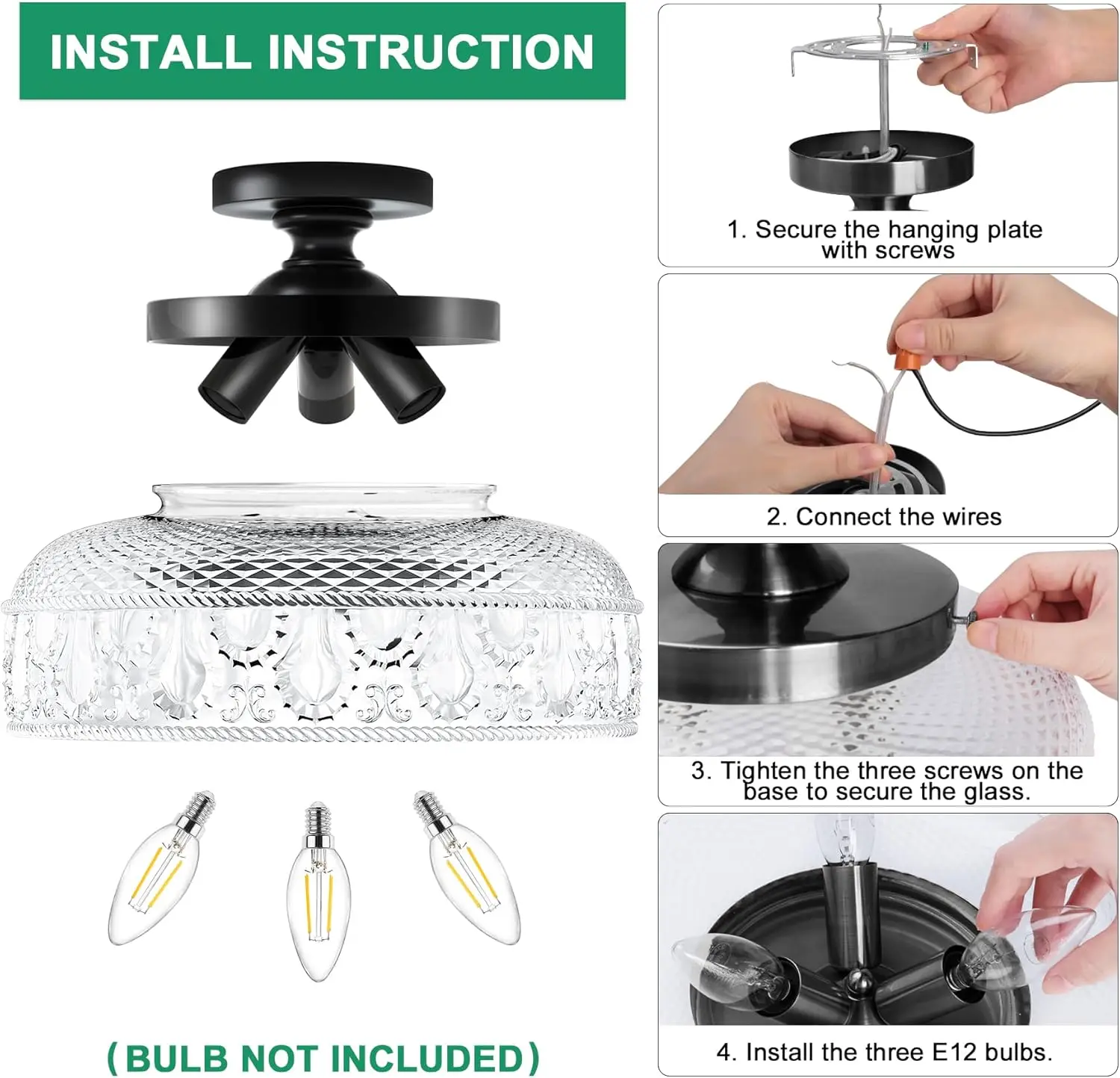 Lamomo-luz de techo de montaje Semi empotrado, accesorio de luz de pasillo negro más grande mejorado, globo de cristal de 3 bombillas cerca de la luz de techo