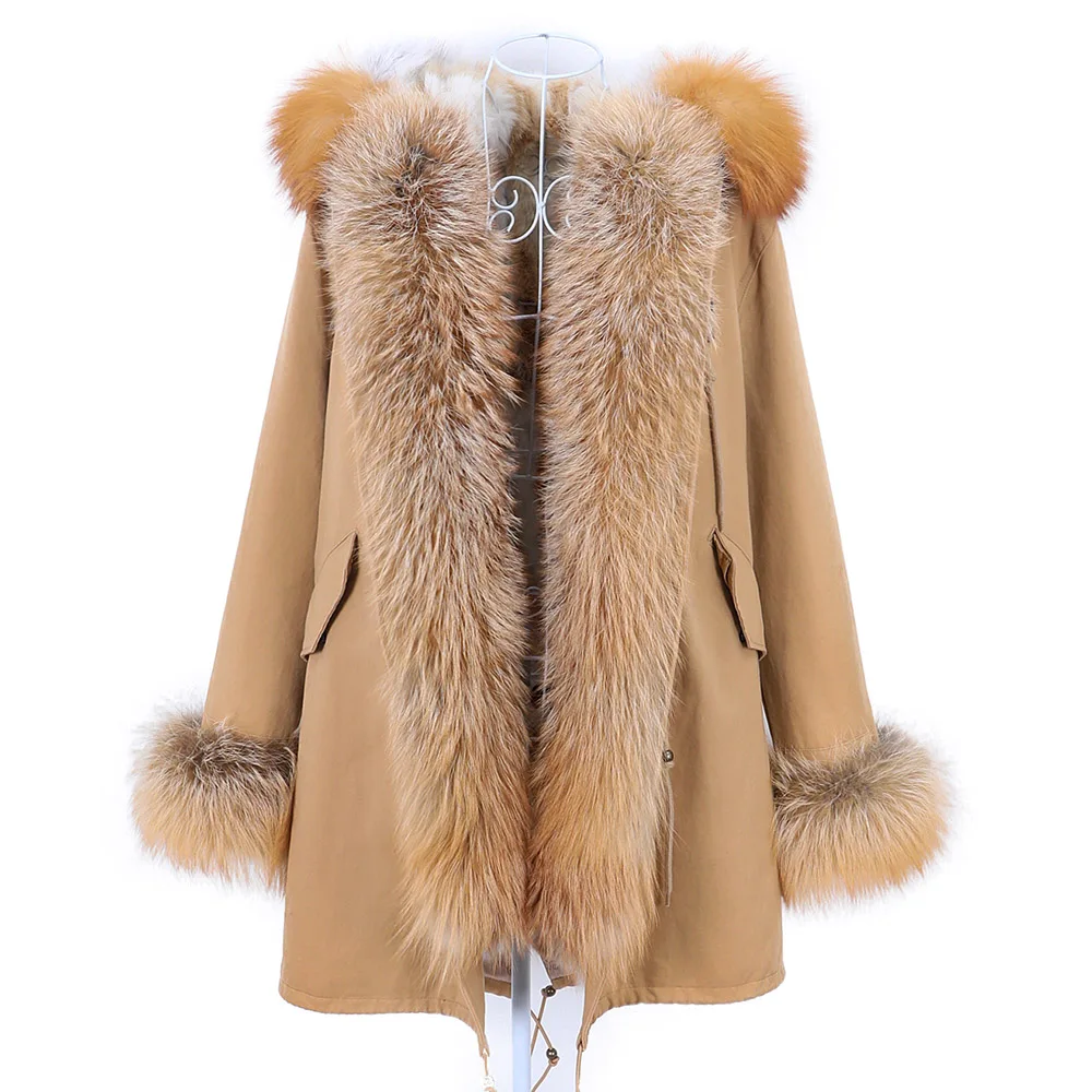 MAOMAOKONG 2023 Removable Real Fox Fur Collar Coats Woman Winter Jacket Hooded Rabbit fur lining Long Parkas Female Clothes