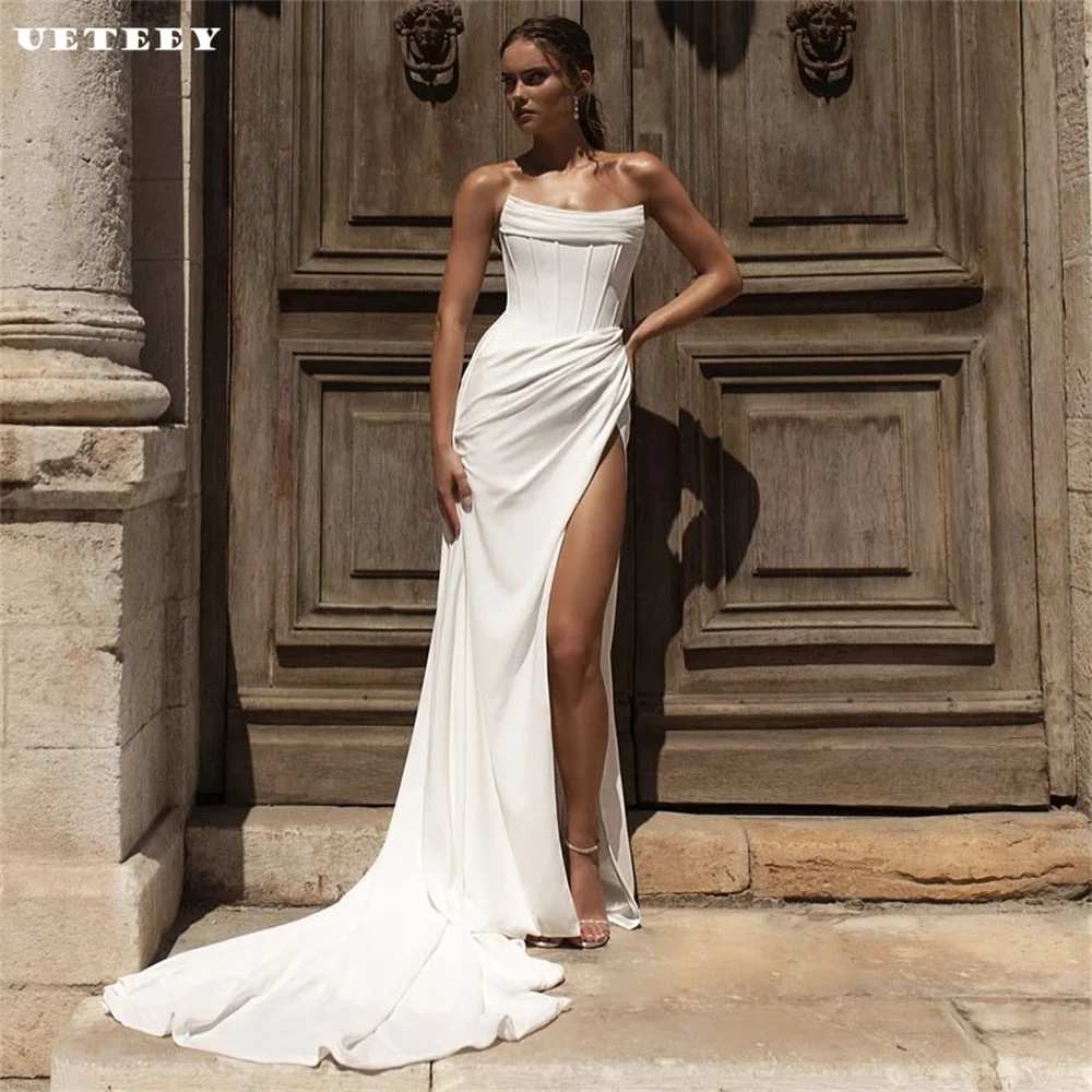 

UETEEY Customized Simple Sleeveless V Neck Pleats Crepe Mermaid Wedding Dress Open Back High Slit Court Train vestidos de novia