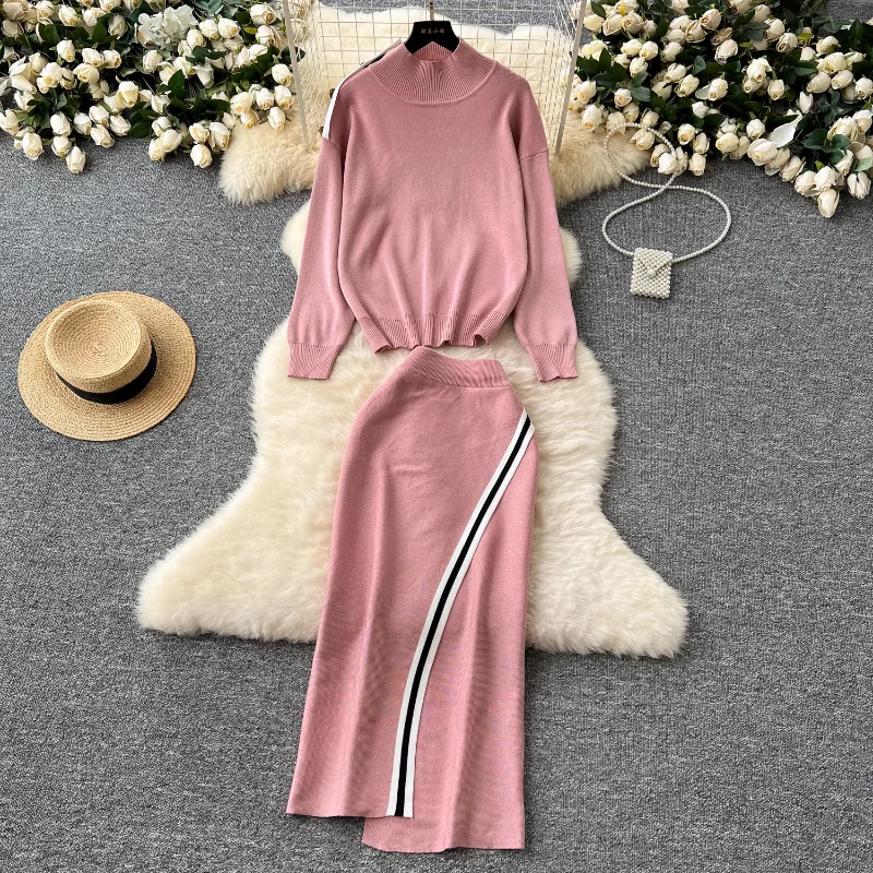 REALEFT Autumn Winter 2 Pieces Women\'s Sets Knitted Tracksuit Stand Collar Sweater and Sheath Wrap Skirts Suits 2024 New