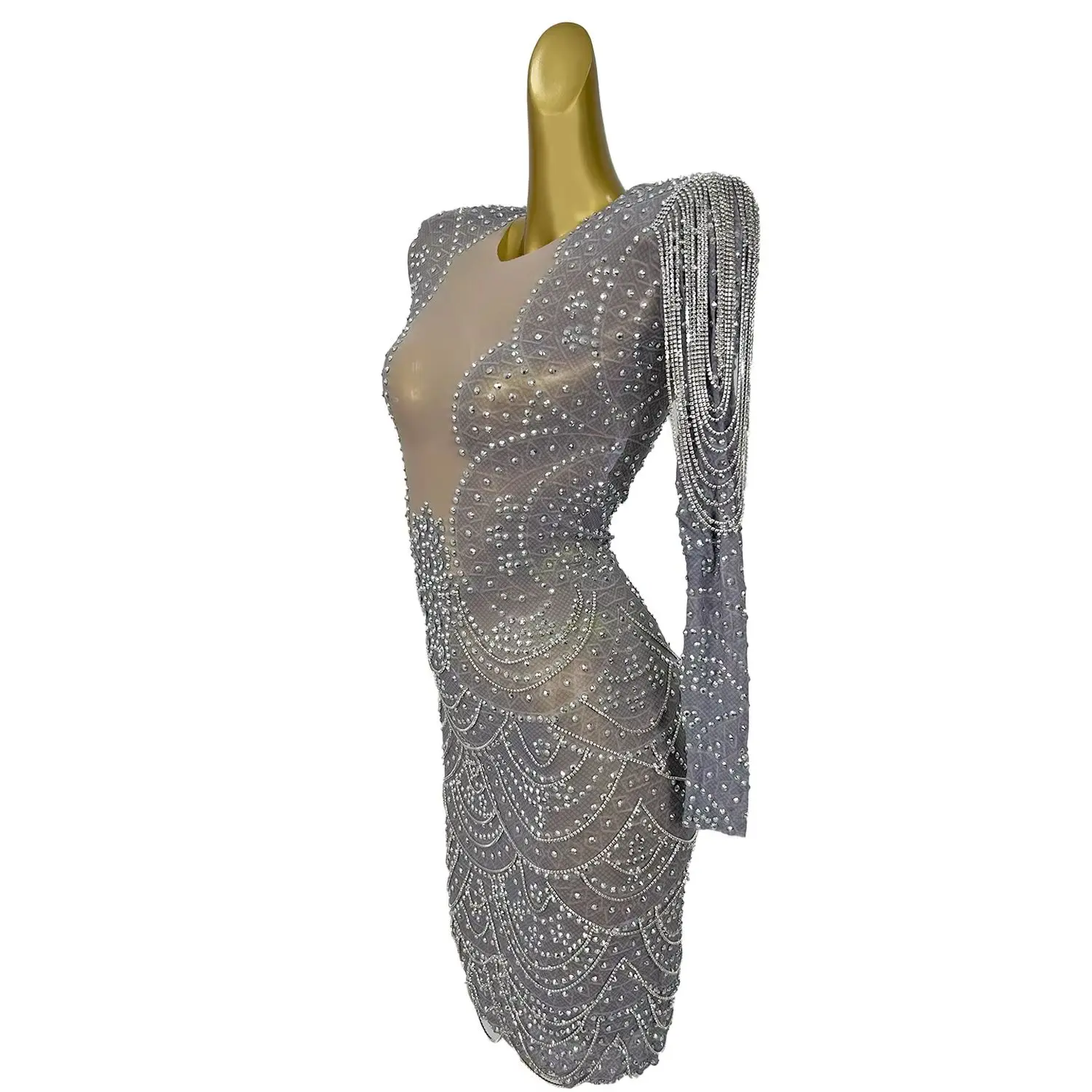 

Luxury Sheer Mesh Sparkly Crystals Evening Dress Club Black Girls High-end Short Dresses Birthday Party Tassel Sexy Mini Dress