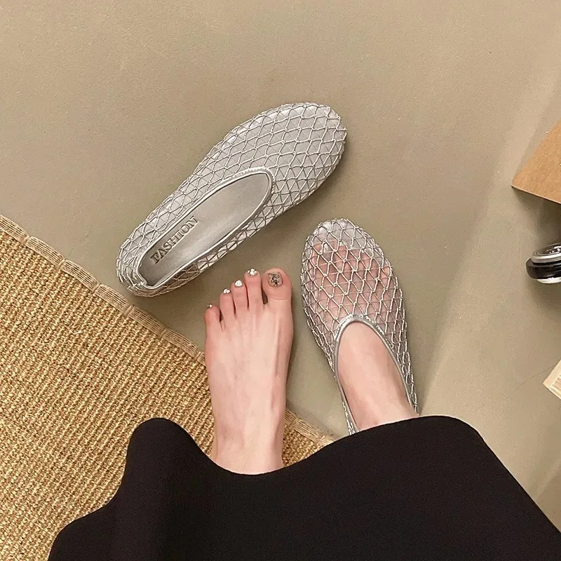 In Summer, Wear Round Toe, Straight Buckles, Casual and Comfortable, Women's Flats, Cut-out Mary Jane Single Shoes,fishnet Shoes