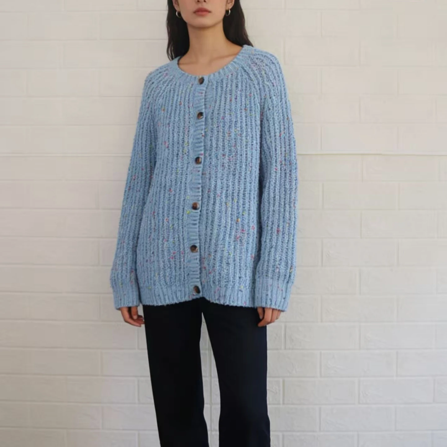 

Spring Autumn New Sle Heavy Knitting Polka Dot Contrast Color Women's Sweater Coat Casual Loose Fit Long Sve