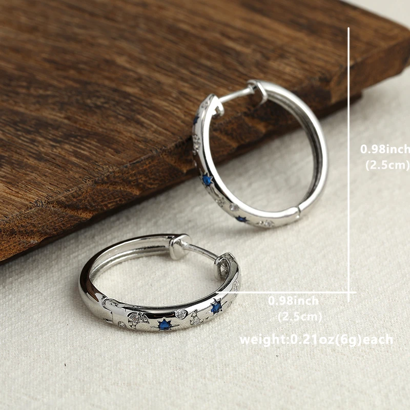 Silvery Blue Zircon Hoop Earrings For Women Star Moon Galaxy Starry Blue Zircon Luxury Jewelry Gifts 1Pair