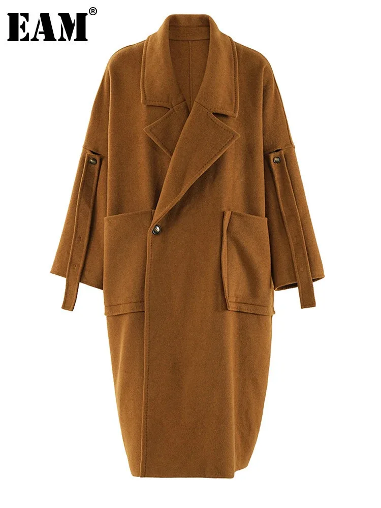 [EAM] Brown Thick Pocket Big Size Elegant Woolen Coat New Lapel Long Sleeve Women Jacket Fashion Tide Autumn Winter 2024 CPG1832