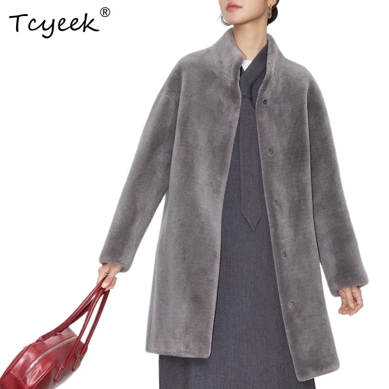 Tcyeek الصوف الحقيقي الخريف الشتاء الراقية العصرية الوقوف طوق رمادي متوسط طويل المرأة الصوف شيرلينغ معطف الفرو Fourrures فام