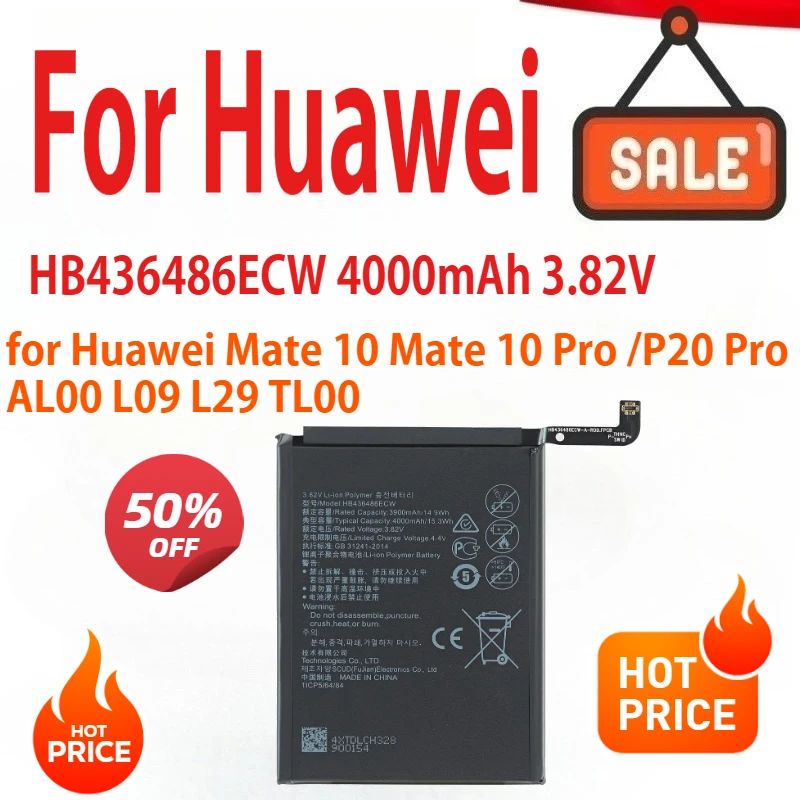 

3.82v 4000mAh HB436486ECW Battery For Huawei Mate 10 Mate 10 Pro /P20 Pro AL00 L09 L29 TL00 Batteries
