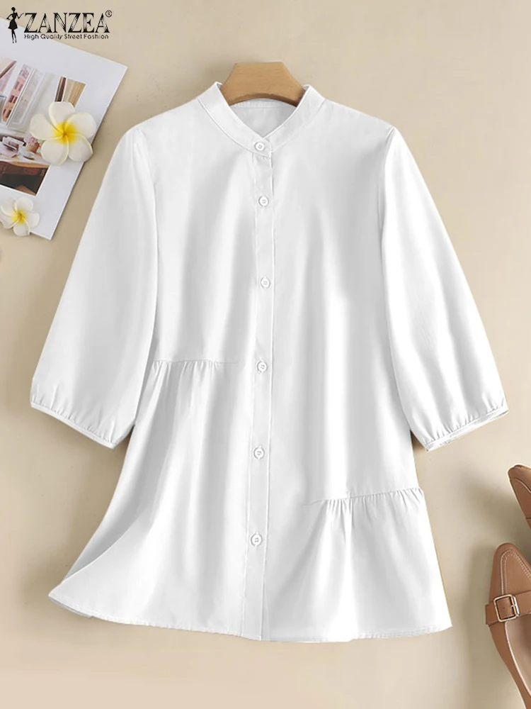 2025 ZANZEA Women Autumn Blouses Fashion Work Shirt Solid Blusas Casual O Neck 3/4 Sleeve Tops Buttons Chemise Oversized Tunic