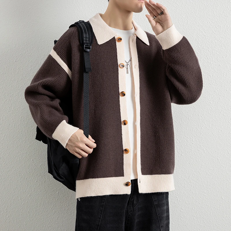 

Высококачественный вязаный кардиган для мужчин на осень-зиму, повседневный, с цветными блоками, воротником, длинными рукавами, свободного кроя, модный