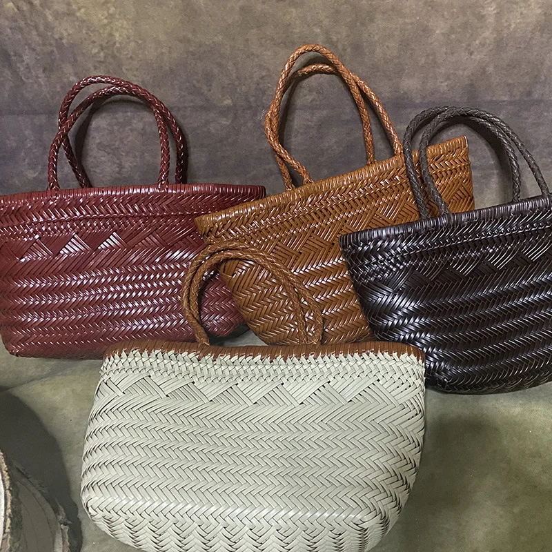 French Woven Leather Tote Bag For Women Large Capacity Cowhide Vegetable Basket Bag Retro Elegant Luxury Drawstring Shoulder Bag