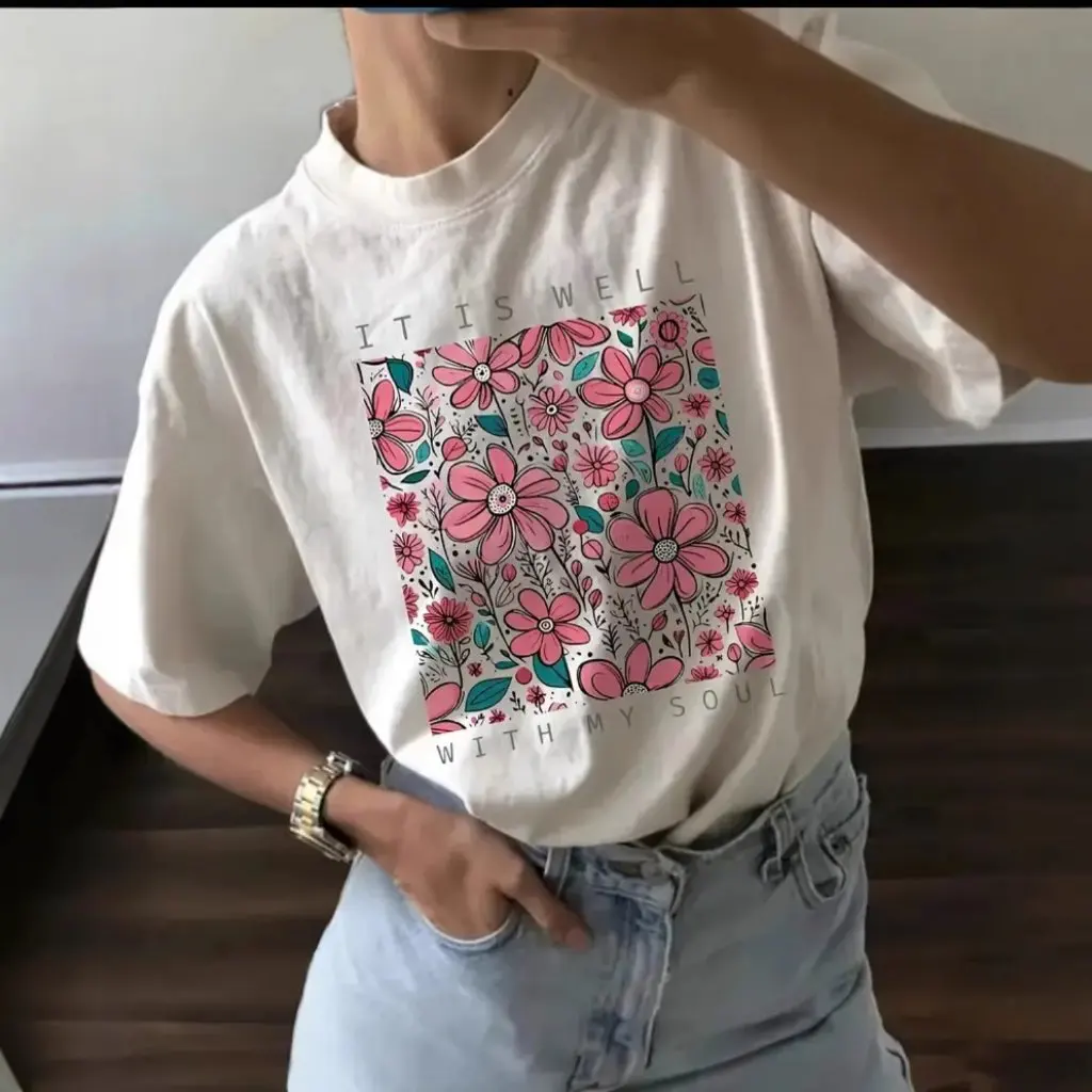 

Women's round Neck T-shirt Short Sleeve Heavy Printing Cotton Loose Fit 200g Factory Direct Wholesale in Stock