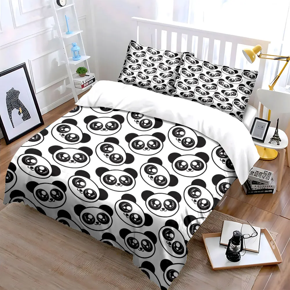 Cute Panda Face Pattern Bedding Set for Kids Luxury Gift 3pcs Digital Print Comforter Set Soft Comfortable Breathable