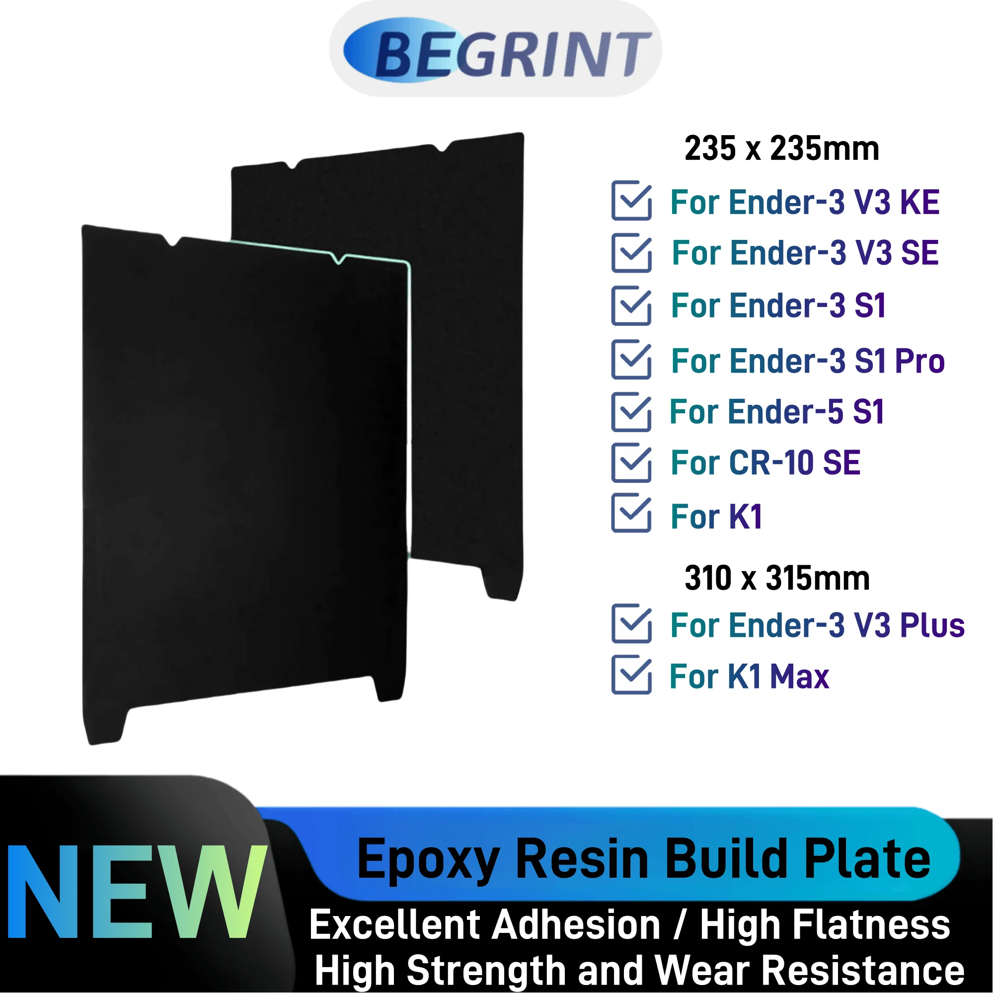 New Epoxy Resin Build Plate-235×235mm/310*315mm for Creality K1 Max_Ender-3 V3/Plus Ender-3 V3 SE/KE_CR-10 SE Ender-5 S1 series