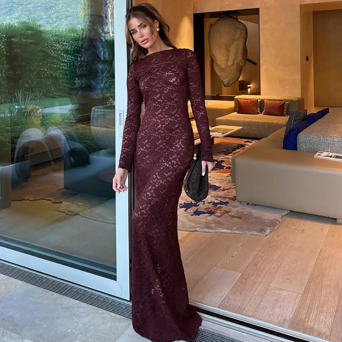 Herbst Sexy Sheer Spitze Schlank Maxi Kleid Frauen Elegante Chic Aushöhlen Langarm Ferien Party Kleid Herbst Dame Abendkleid