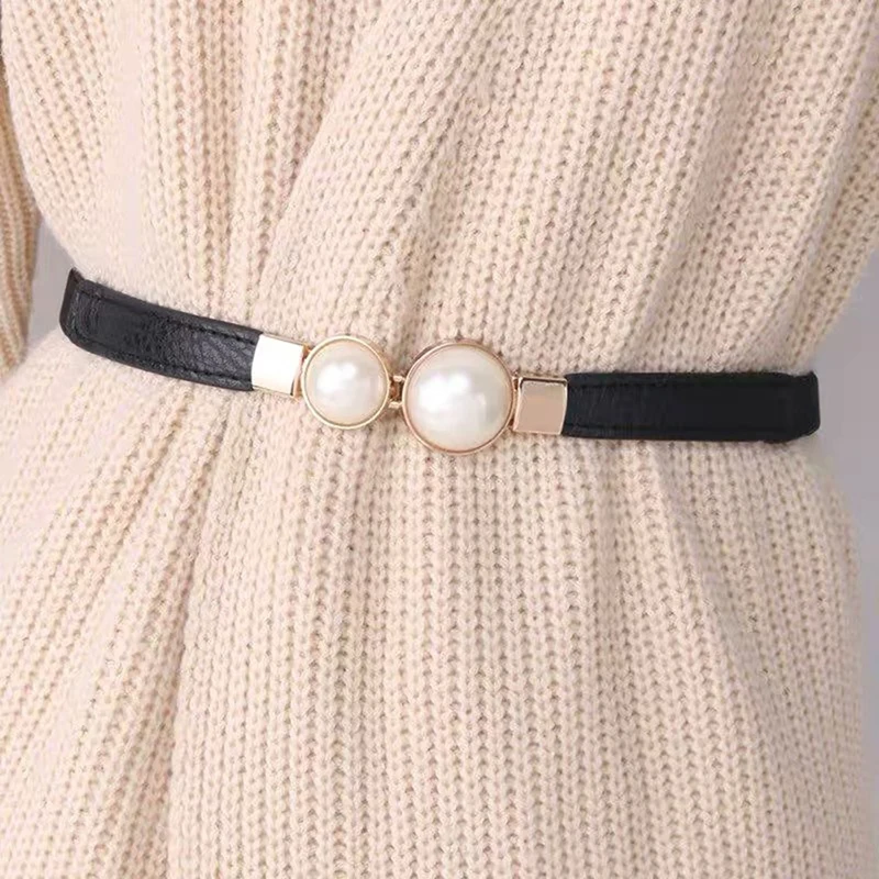 

Creative Pearl Buckle Belt PU Leather Dress Skirt Waist Elastic Thin Women Belts Ladies Waistband Clothing Matching Style Decor