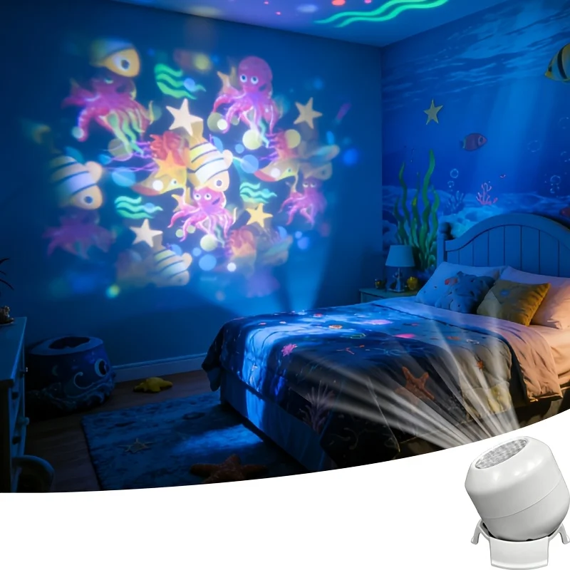 Luz Noturna LED com Projeção de Estrelas e Oceano 360 ° Luz decorativa giratória com tema de vida marinha, lâmpada ambiente dinâmica para decoração de quarto