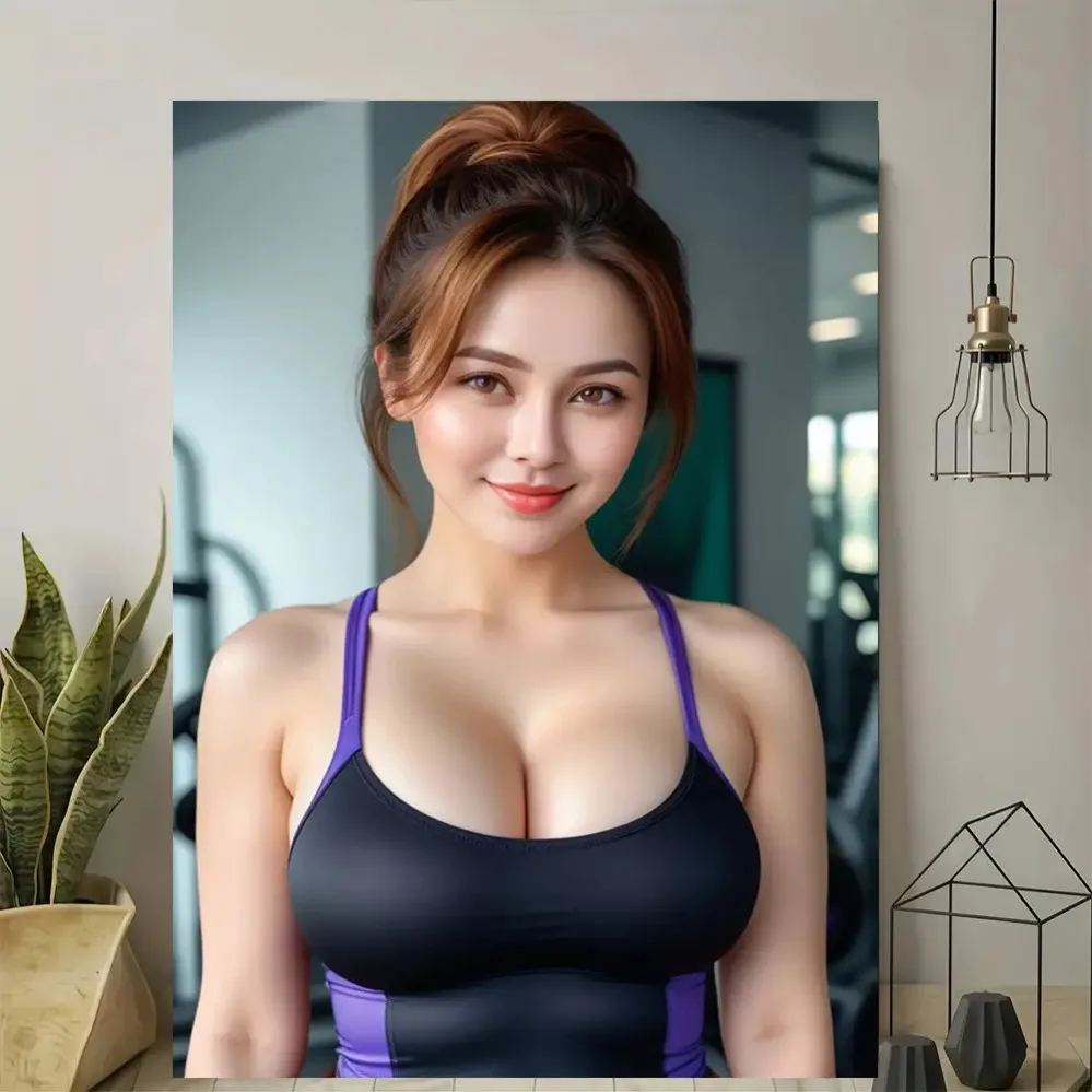 Vintage Sporty Asian Woman Metal Tin Sign - Retro Energetic Girl with High Ponytail Brown Hair in Black & Purple Workout Tank To