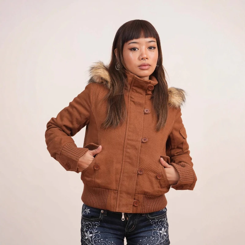 Jaqueta curta com capuz e zíper, gola de pele destacável, casaco sólido, inverno grosso, jaquetas femininas, solto, forrado de lã, casaco quente com zíper