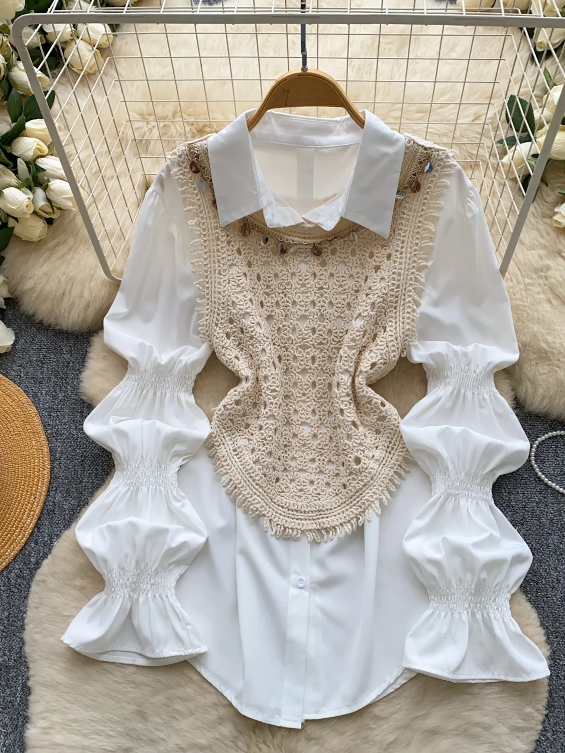 

White Shirt Two-Piece Set Women's Slim Fit Waist-Cinching Seven-Sleeve Commute Style Fashion Set Korean Trend Autumn Wear
