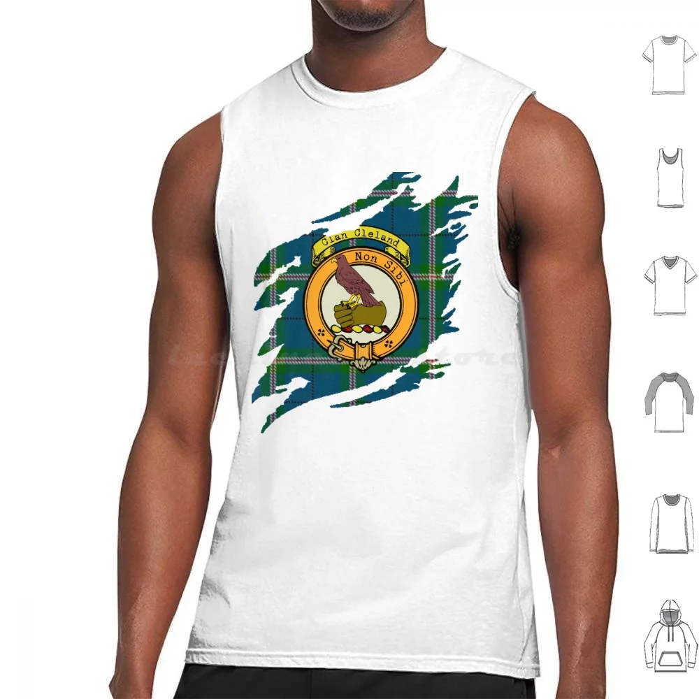 Cleland Clan Crest Scottish Surname Tartan Tank Tops Print Cotton Cleland Coat Of Arms Tartan Kilts Gathering Surname Last