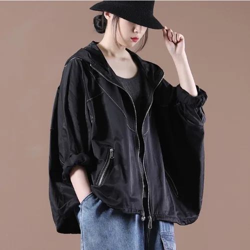 Korean Fashion Loose Zipper Pocket Hooded Short Jacket Women\'s 2023 New Autumn Oversized Long-sleeved Trench Coat Top