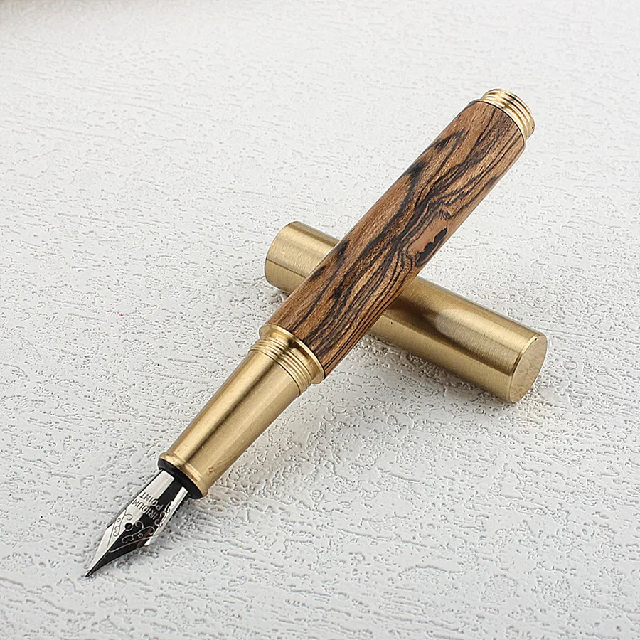 short Classic Natural Wood Metal Fountain Pen Calligraphy Pen F /EF/M Nib for Office Gift