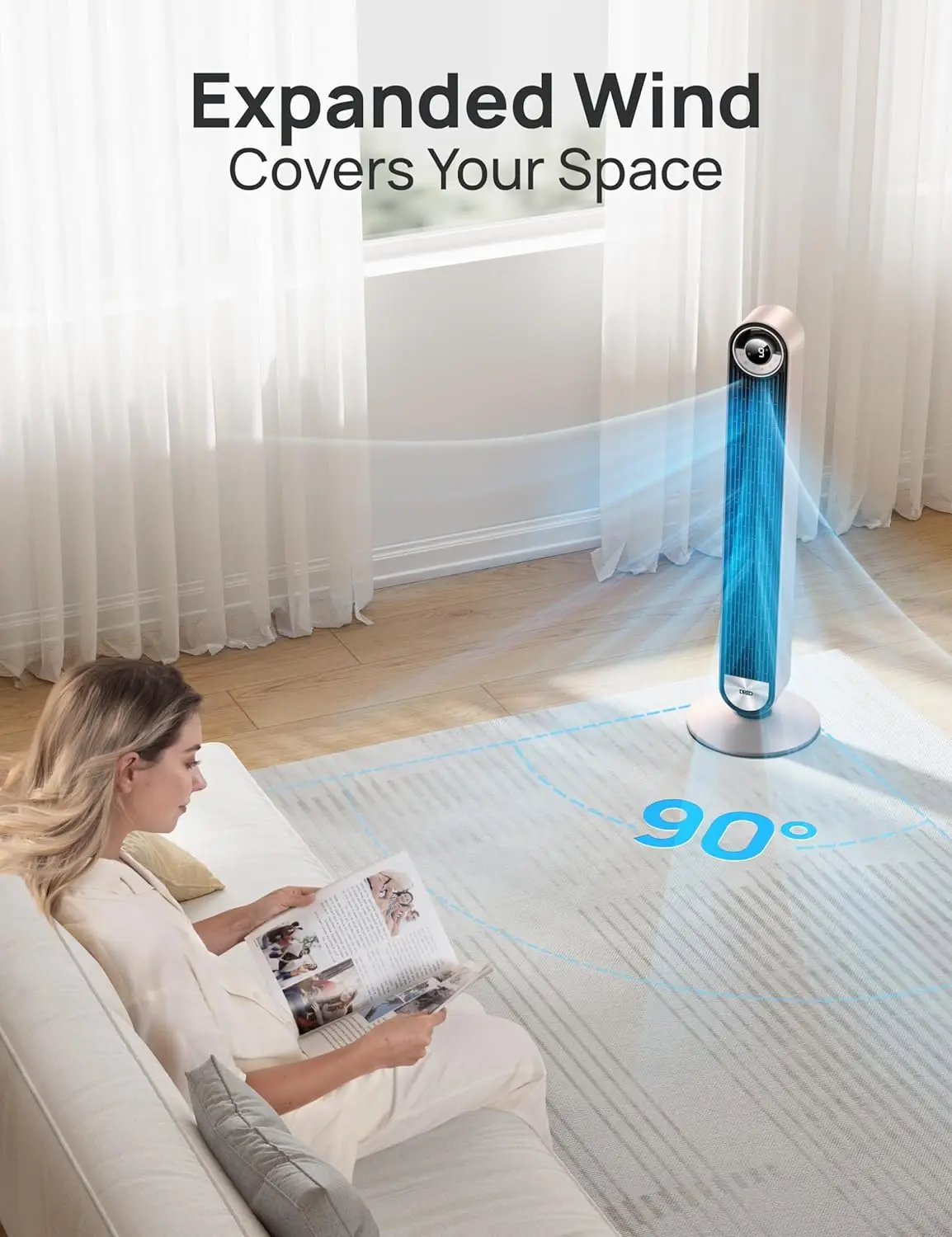 Tour intelligente Dreo Gérfor pour la maison, ventilateur oscillant à 90 °, chambre à coucher à l'intérieur, commande vocale au sol avec minuterie de 12h, silencieux sans lame de 42 pouces