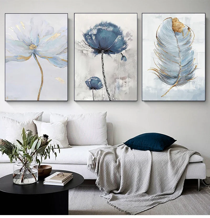 Nordic Modern Aesthetics Wall Art Blue Feather Flower Abstract Oil Poster and Print Home Bedroom Living Room Decoration Gift