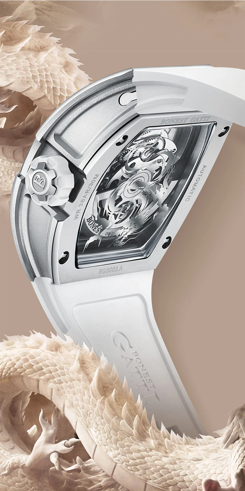 BONEST GATTI Men Automatic Watch Tonneau Mechanical Wristwatch 3ATM Sapphire Luminous Hollow Out Dragon Dial Fluororubber Strap