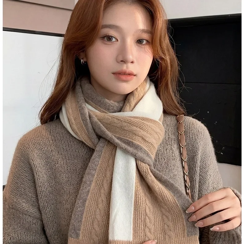 Women's Autumn/Winter 100% Wool Scarf – Knitted Tri-Color Color-Block Neck Warmer & Stylish Shawl Wrap muffler Scarves