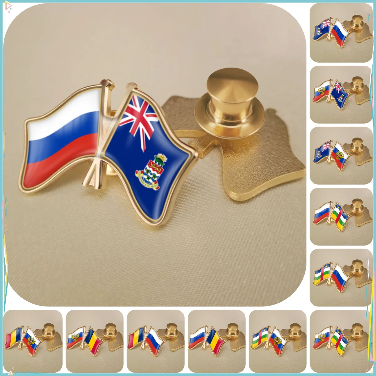 Russian Federation and Cayman Islands Central African Republic Chad Double Crossed Friendship Flags Brooches Lapel Pins Badges