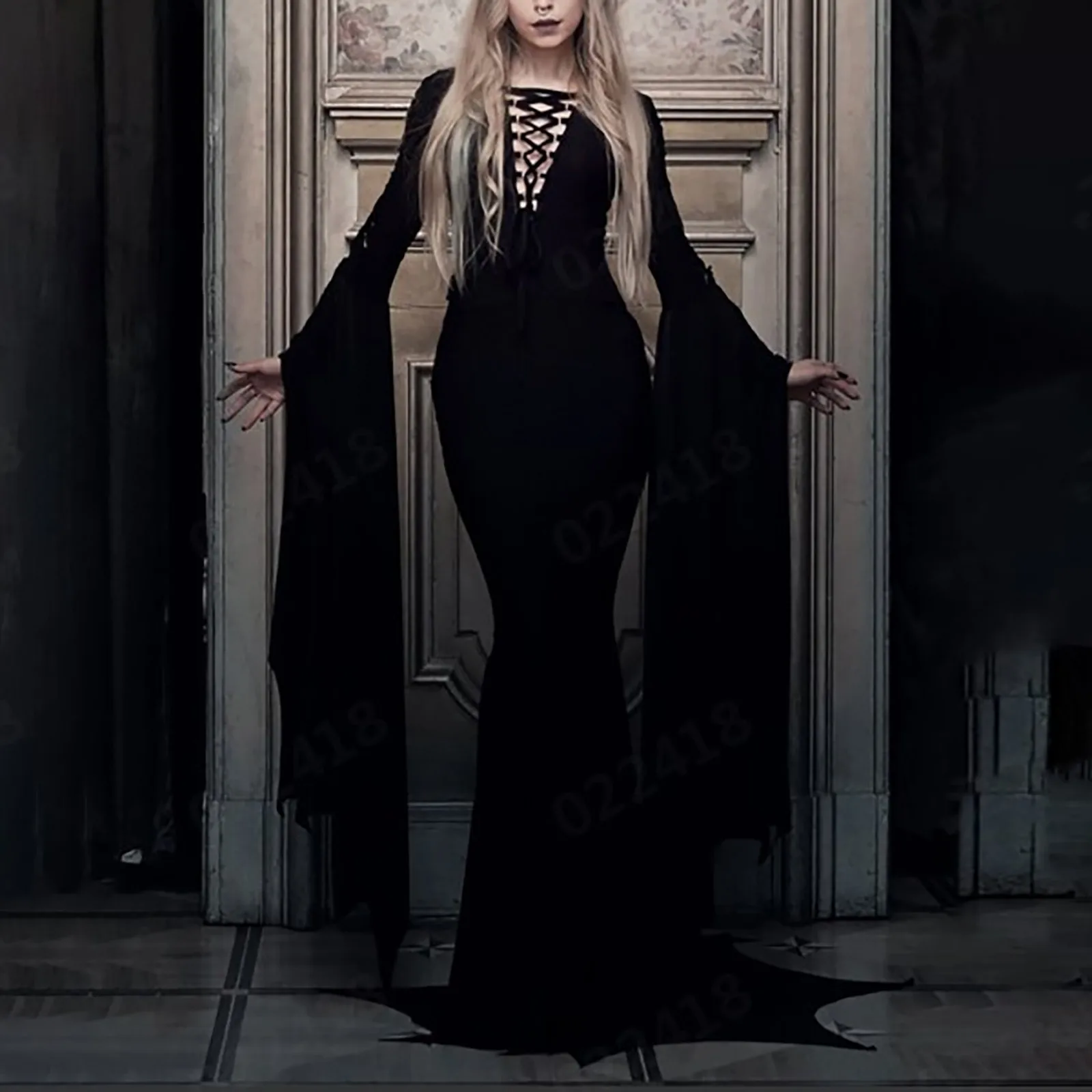 

Medieval Vampire Solid Lace Up Gown Robe For Women S-2xl Sexy Witch Ghost Halloween Costume Morticia Addam Gothic Maxi Dress