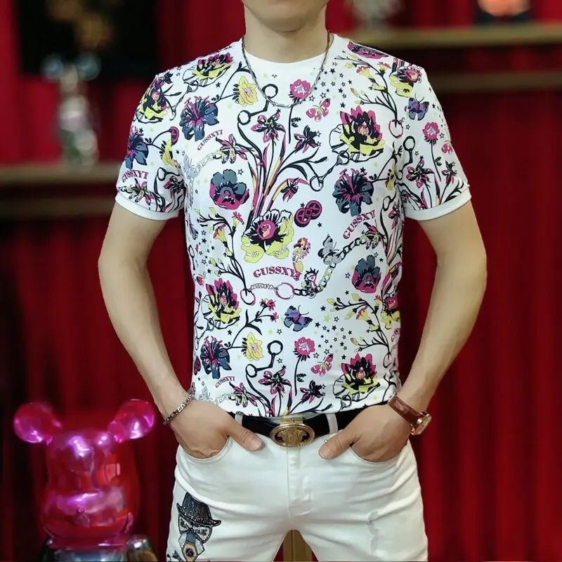 

Summer Flower Jacquard T-shirt for Men Fashion Slim Fit Short Sleeve T-shirts Ice Silk Breathable Social Casual Business Tee