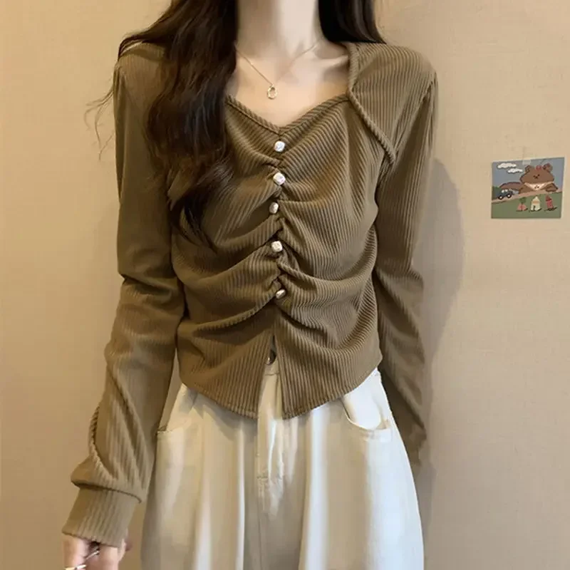 

Short Niche and Unique Design French Collarbone Square Neck Top Long Sleeved T-shirt for Women Slim Fit