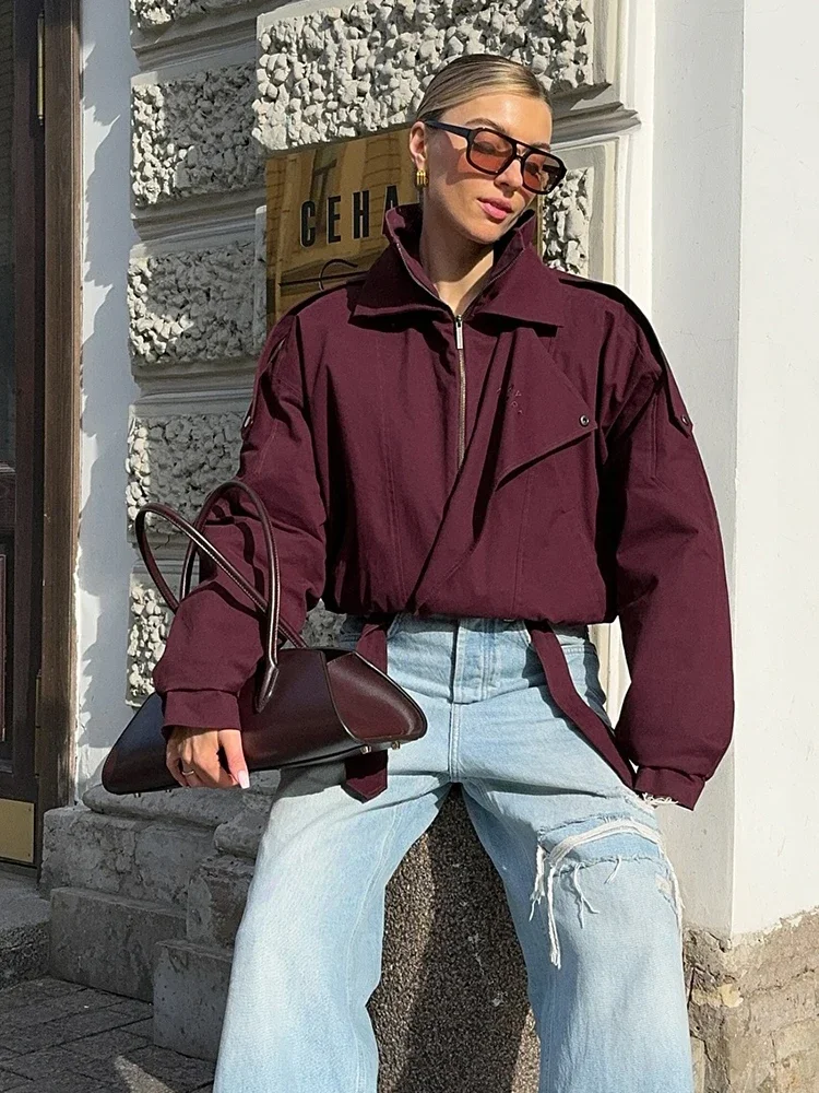 

Chic Burgundy Lapel Collar Lace Up Woman Windbreaker Elegant Loose Oversized Full Sleeves Coat New Autumn High Street Jackets