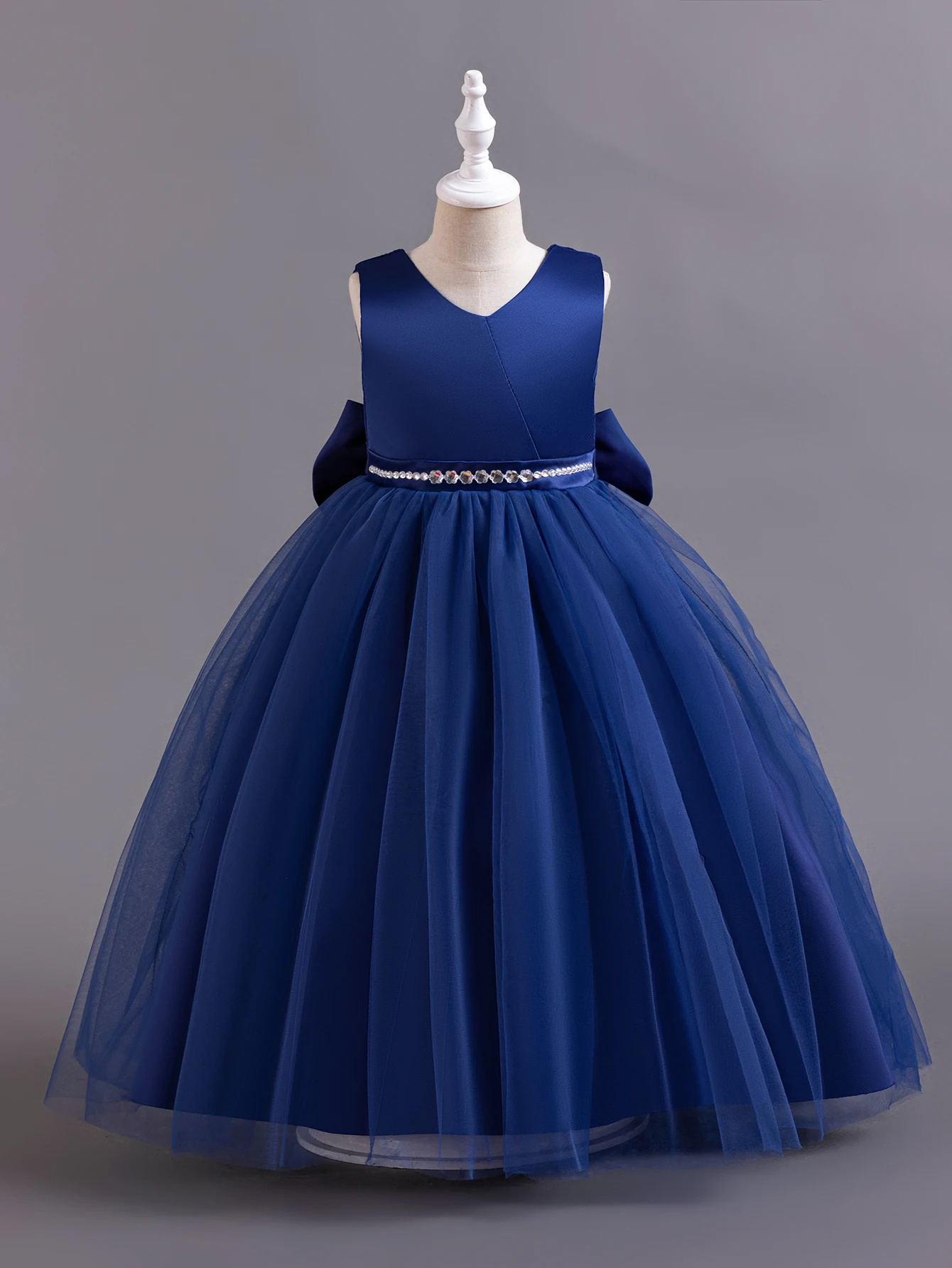 Shining Crystal Belt blue Sleeveless Long Dress for Princess Prom Bow Dresses for 3 to 12 Years Girls