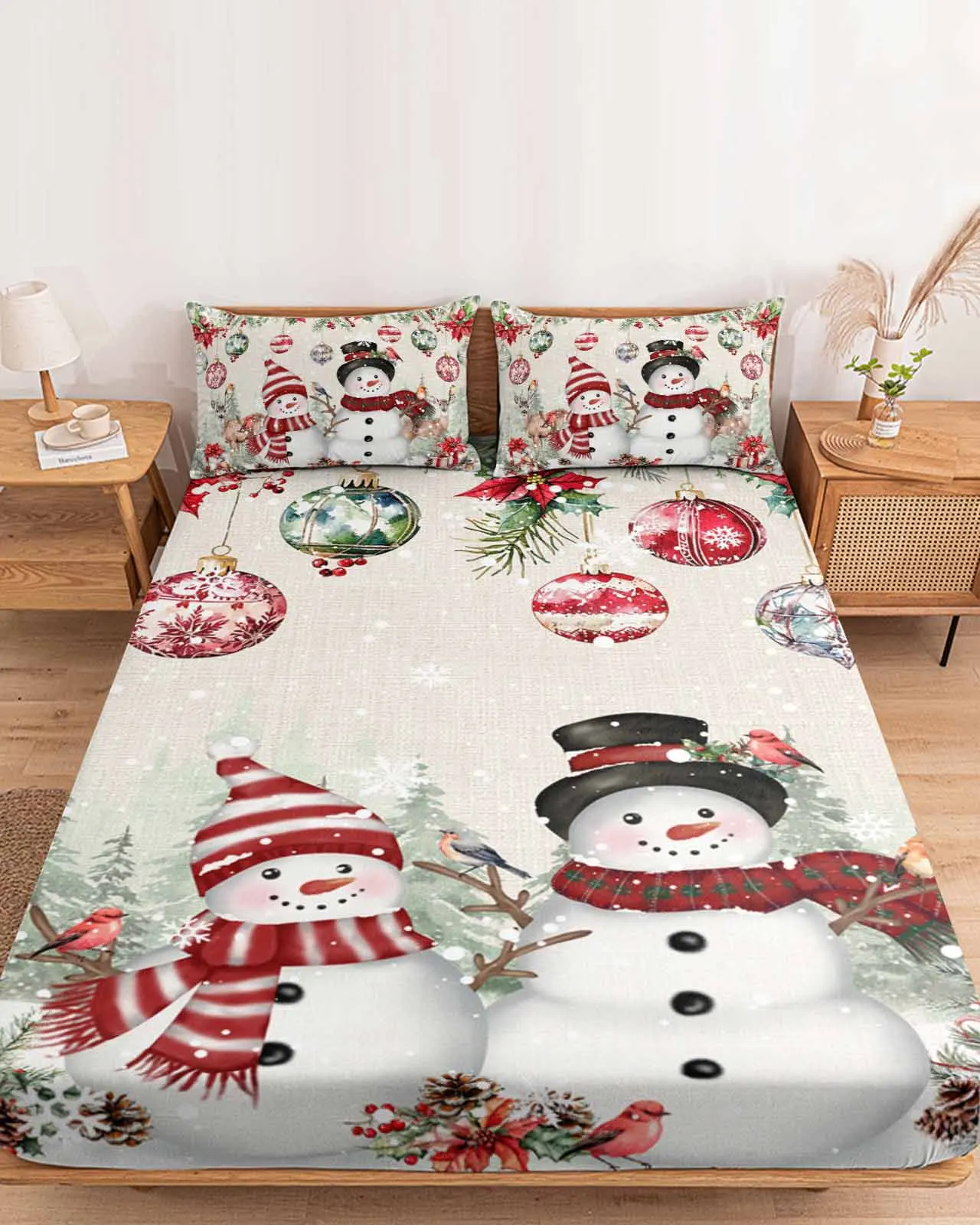 

Christmas Ball Snowflake Snowman Gift Elk Polyester Fitted Sheet Mattress Cover Four Corners Elastic Band Bed Sheet Pilllowcase