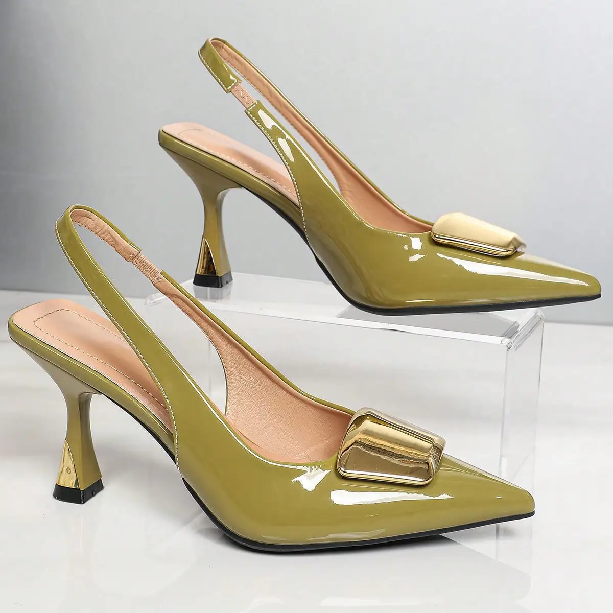 Elegant Women Closed Pointed-Toe Slingback Heels, Patent Leather Pumps with Stylish Square Buckle, Comfortable Versatile Formal Dress Shoes, Great for Office Business, Wedding Events, Dinner Party, Casual Wear and Summer Vacation view 6