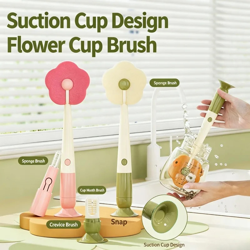 3 In 1 Long Handle Cup Brush Flower Shape Sponge Bottle Cleaning Brush With Suction Base For Glass Mug Water Bottle
