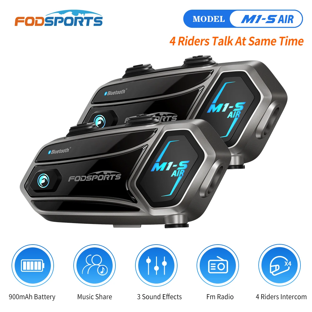 2pcs Fodsports M1-S AIR Motorcycle Intercom Helmet Bluetooth Headset Interphone,4 Riders 1000M,FM Radio.