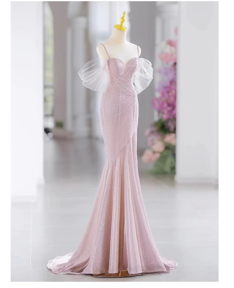 فستان سهرة حورية البحر مثير وردي للحفلات الراقصة فستان سباغيتي سويب تراين للحفلات الراقصة