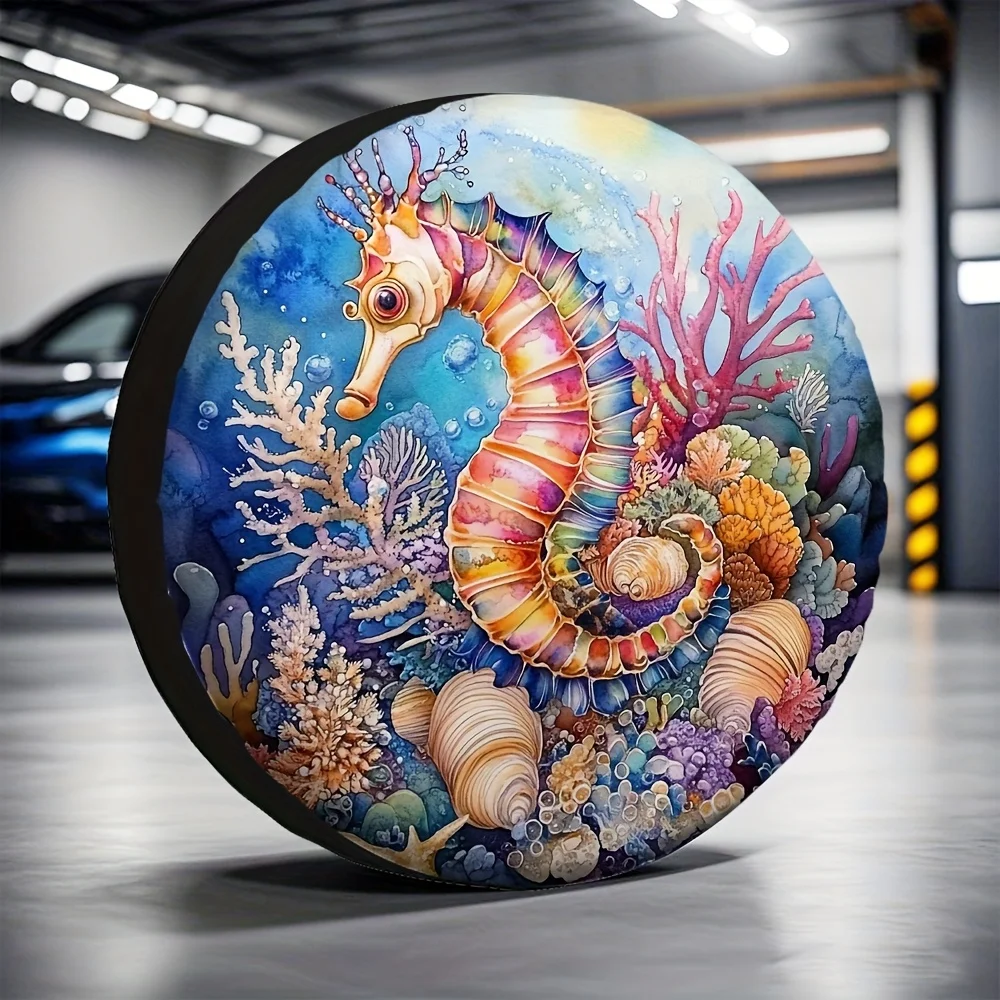 1pc Anime-Themed Tire Cover, Machine Washable Fabric, Vibrant Underwater Scene With Seashells And Coral Reef, Fit For Cars, Truc