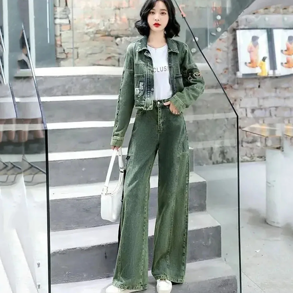 Autumn Fashion Pants Set 2023 New Women's Green Denim Jacket Coat High Waist Wide Leg Jeans Two Piece Set Female Casual Suits