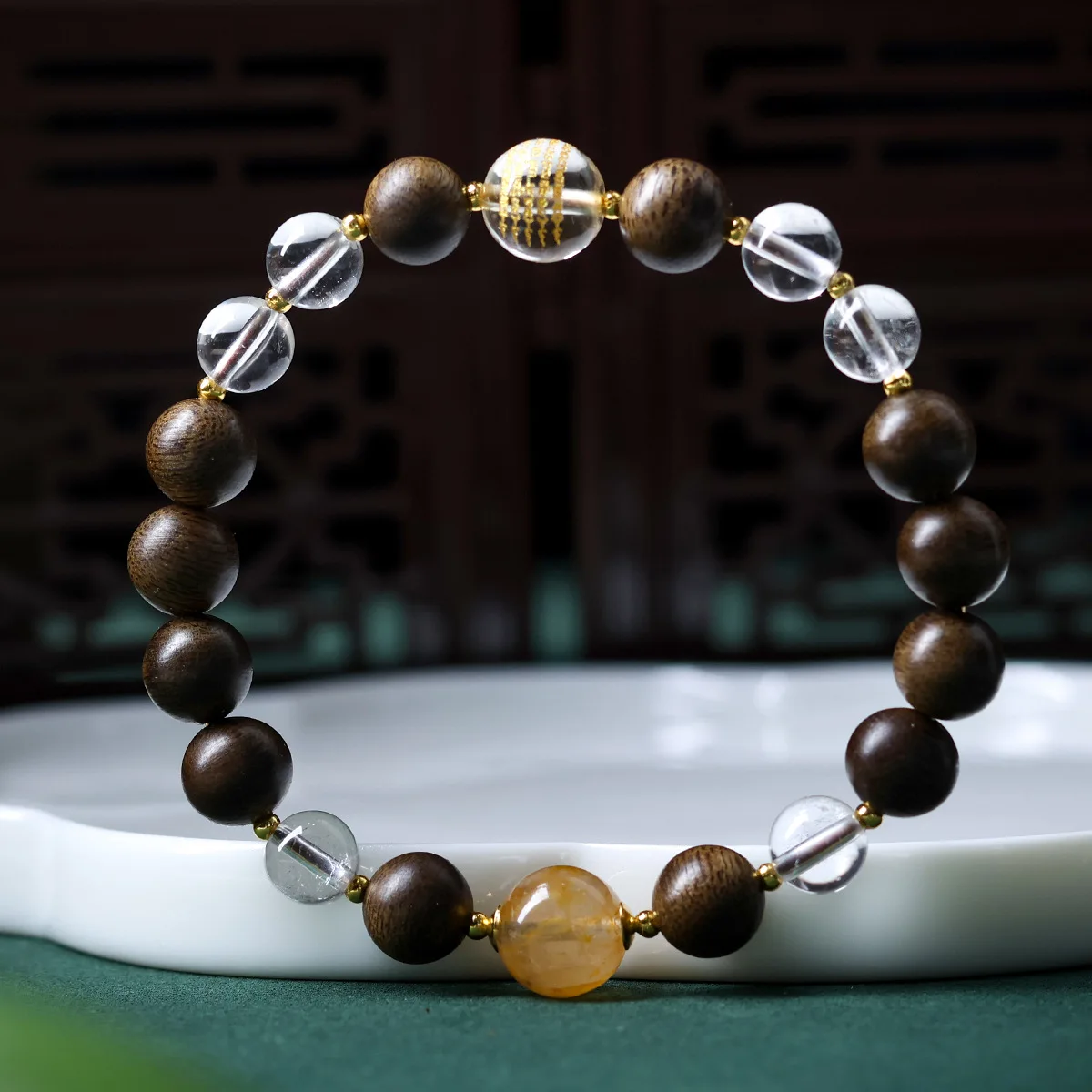 Green Agarwood Bracelet with Natural White Crystal Heart Sutra Guangta Crystal New Chinese Style Jewelry for Women Gifts