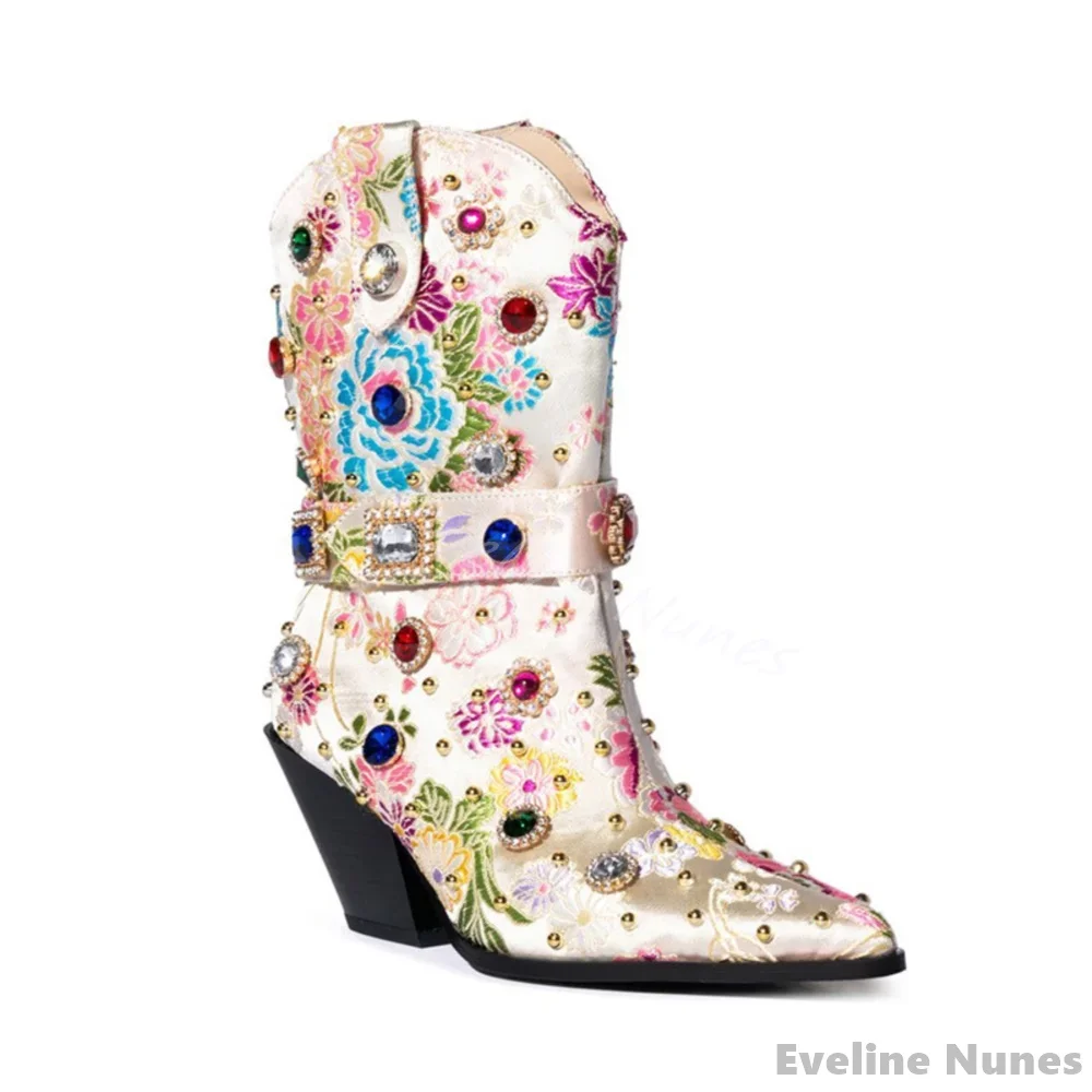 Fashion Embroidered Rhinestone Catwalk Ankle Boots Women Pointed Toe Chunky Heel Side Zipper Mid Calf Boots New Fashion Boots