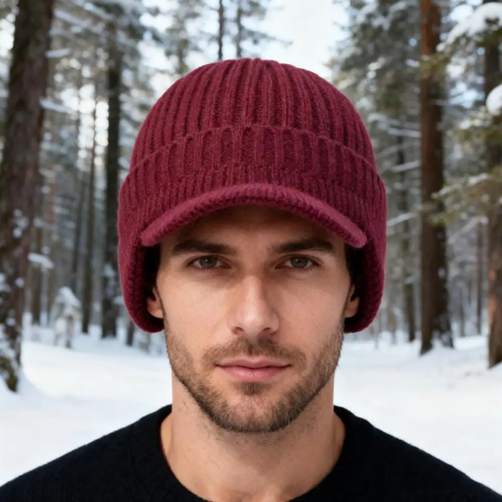 Knitted Hat Men's Knitted Winter Hat with Extended Brim Thick Plush Lining Ear Protection Solid Color Warm Knit Cap for Cold
