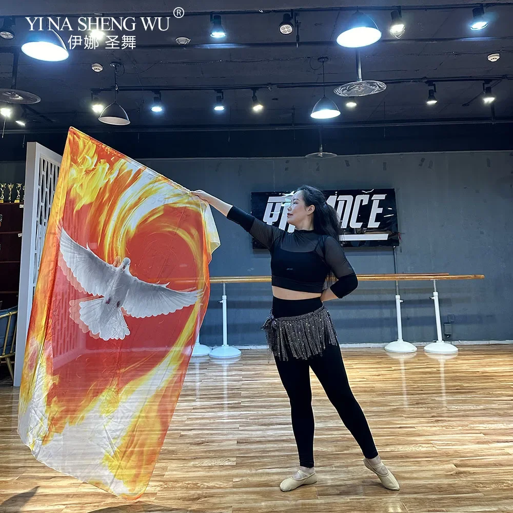 2 stücke Anbetung Flagge Banner Weiße Tauben Drucken Chiffon Schal Poi Band Mit Skalierbarer Stange Praxis Leistung Lob Dance Kirche