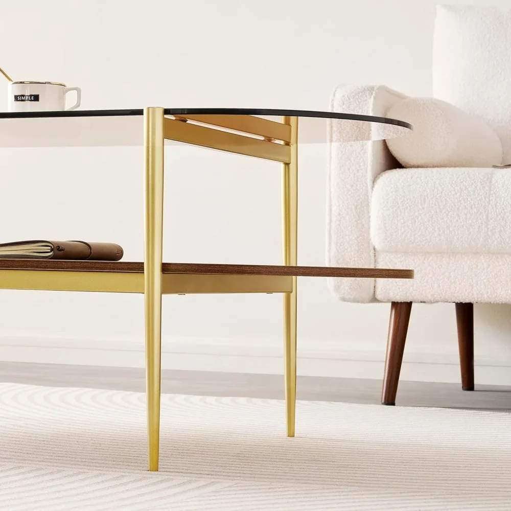 Mid-Century Oval Glass Coffee Table with Amber Top, 2-Tier Living Room Furniture, 41L x 21W x 17H