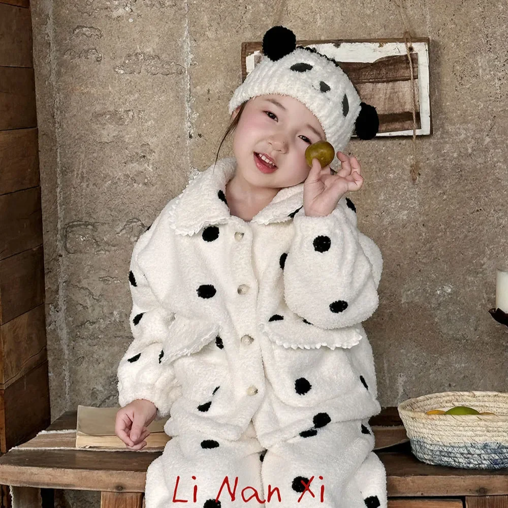 Children's Sleepwear Korean Version Winter Warm Set with Lapel Polka Dot Fur Home Clothes Towel Embroidery Set