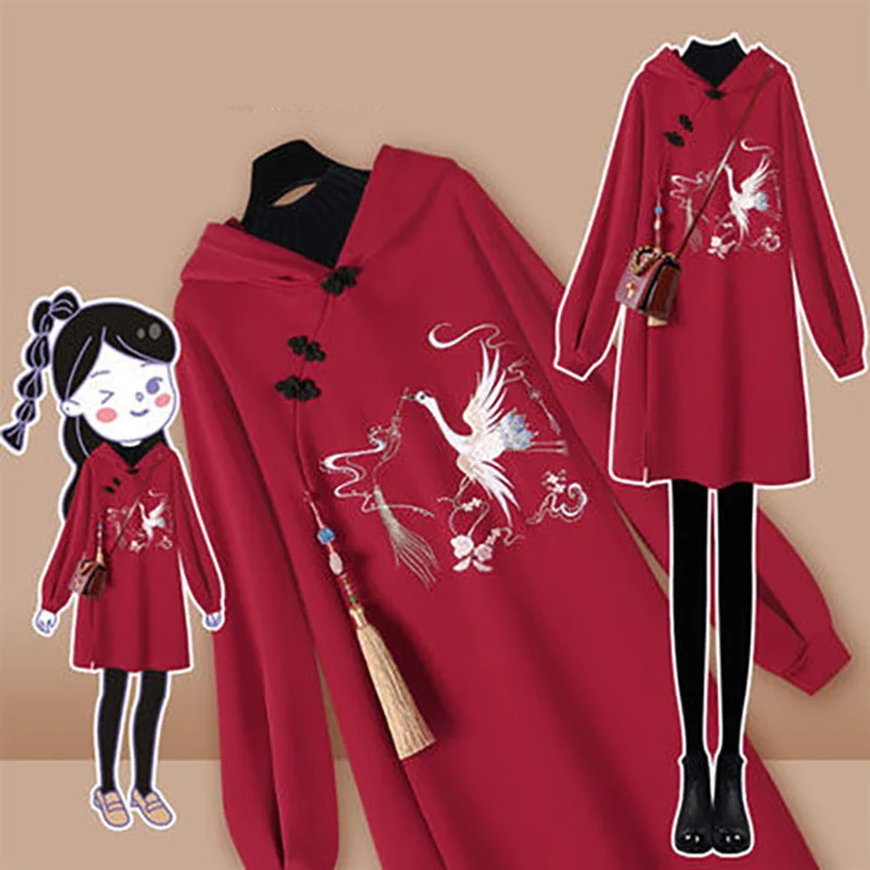 2025 Chinese Style Hoodies Stitching Vestido Cheongsam Oversized Embroidery Sweatshirt Dress Spring Women Buckle Thick Dresses